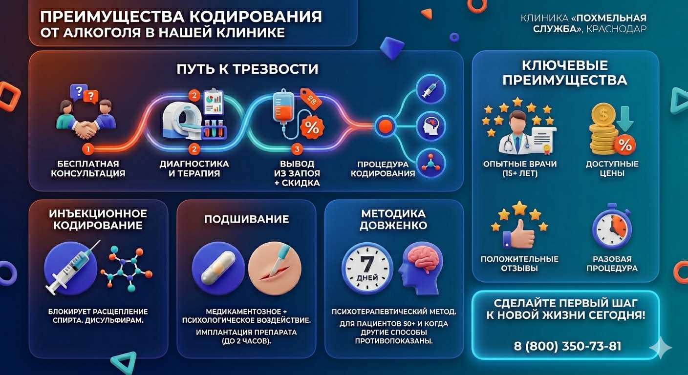 Инфографика о методах кодирования от алкоголя в Агиделе: инъекции, подшивание, метод Довженко. Преимущества клиники и этапы лечения.